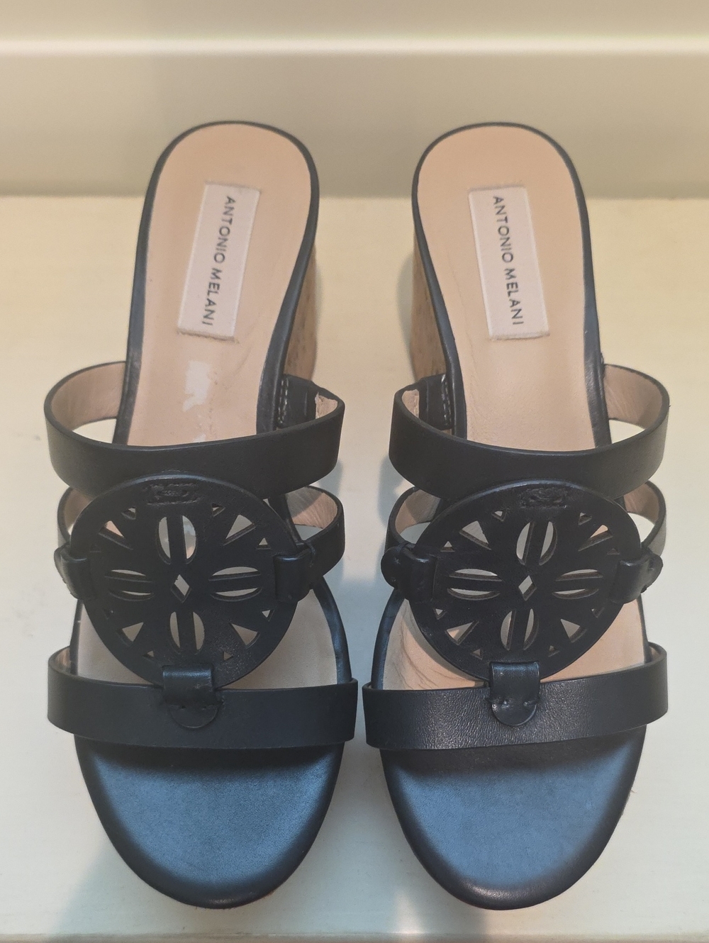 ANTONIO MELANI Black Leather Decorative Medallion Slide Mules
